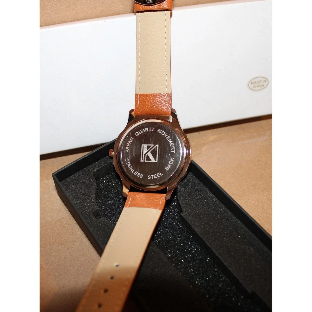 K Brand Blue Dial Rose Gold Tone Watch Tan Leather Strap Japan Quartz Movement